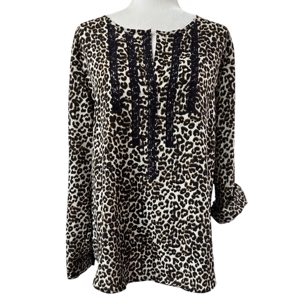Chico's Adelyn Animal Print Blouse Leopard Lace Trim Split Neck Roll Tab Sleeves